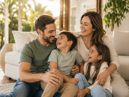 Parents and their two young children laughing together on their living room floor.