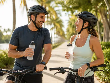 A couple pausing with their bicycles on a palm-lined path, water bottles in hand.