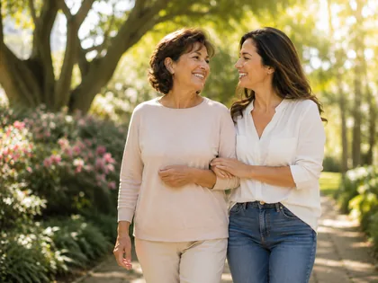 Two women walking arm in arm along a garden path on a bright afternoon.