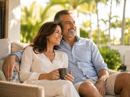 A couple relaxing side by side on a porch sofa, looking out at the garden.