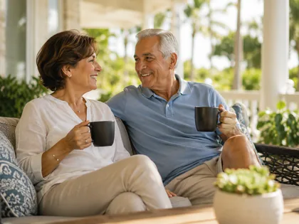 An older couple sitting together on a shaded porch, talking over morning coffee.