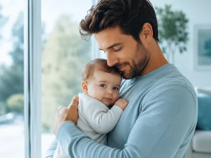 A father holding his infant close by a sunlit window at home.