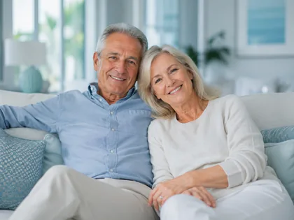 An older couple sitting close together on a sofa in a bright living room.