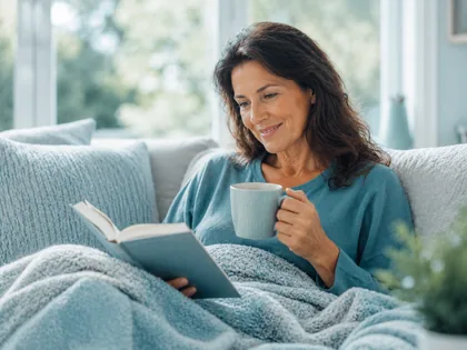 A woman resting under a soft blanket at home with a book and a mug of tea.