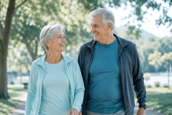 An older couple walking together along a tree-lined path by the water.