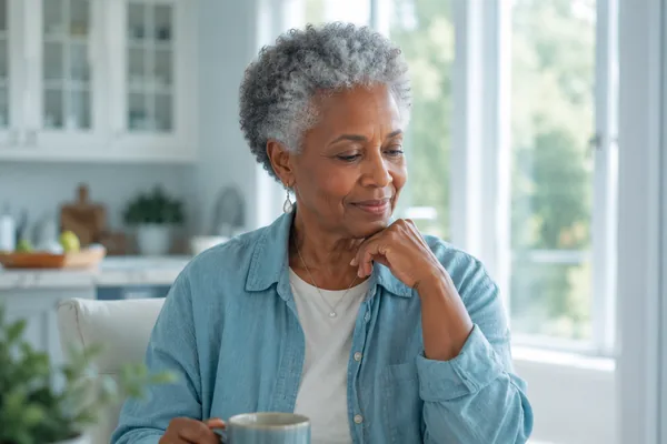 An older woman sitting at her kitchen table with a mug of coffee.